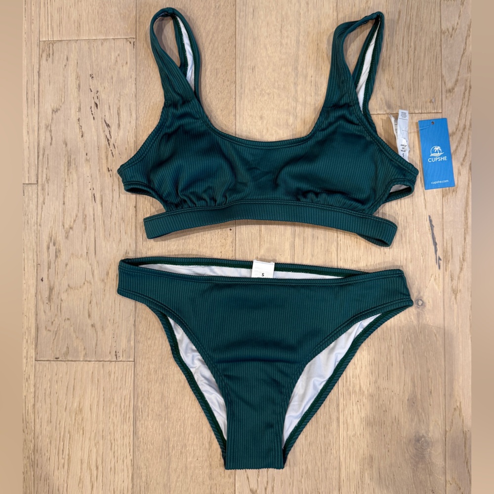 Green Ribbed Cutout Top & Low Rise Bikini Set